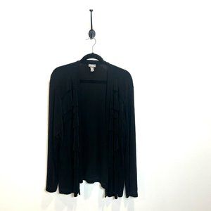 Chicos Travelers 3 XL Black Slinky Cardigan With Ruffled Detail Open Front